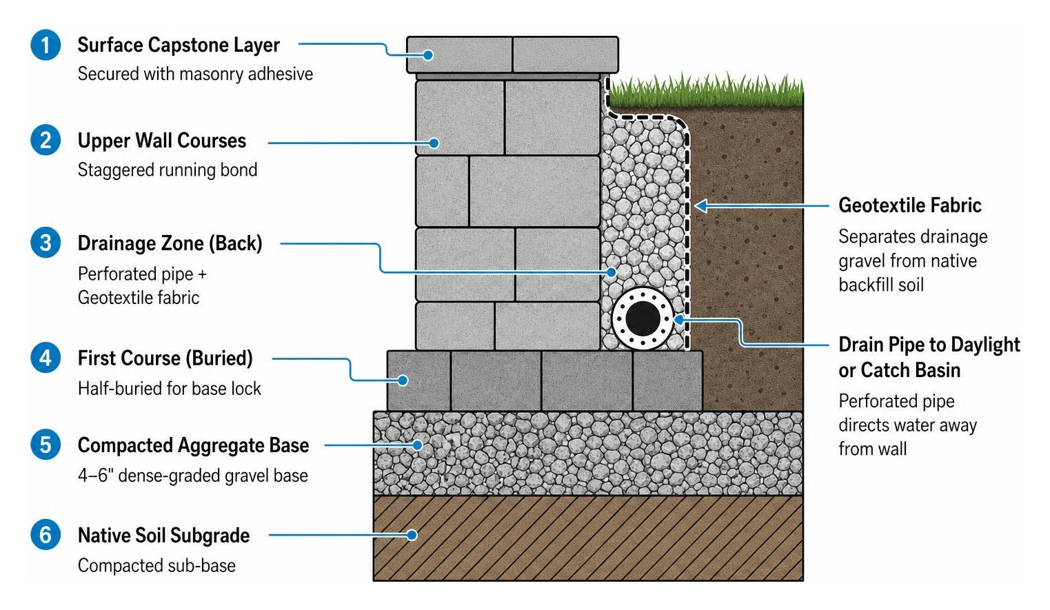 Cross section diagram of proper landscape block wall foundation and drainage layers Cross section diagram of proper landscape block wall foundation and drainage layers