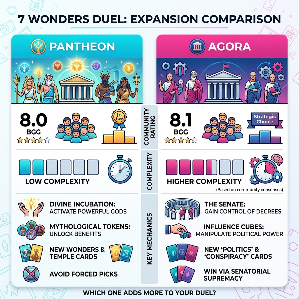 Comparison infographic of Pantheon vs Agora expansions for 7 Wonders Duel including ratings, complexity, and key mechanics