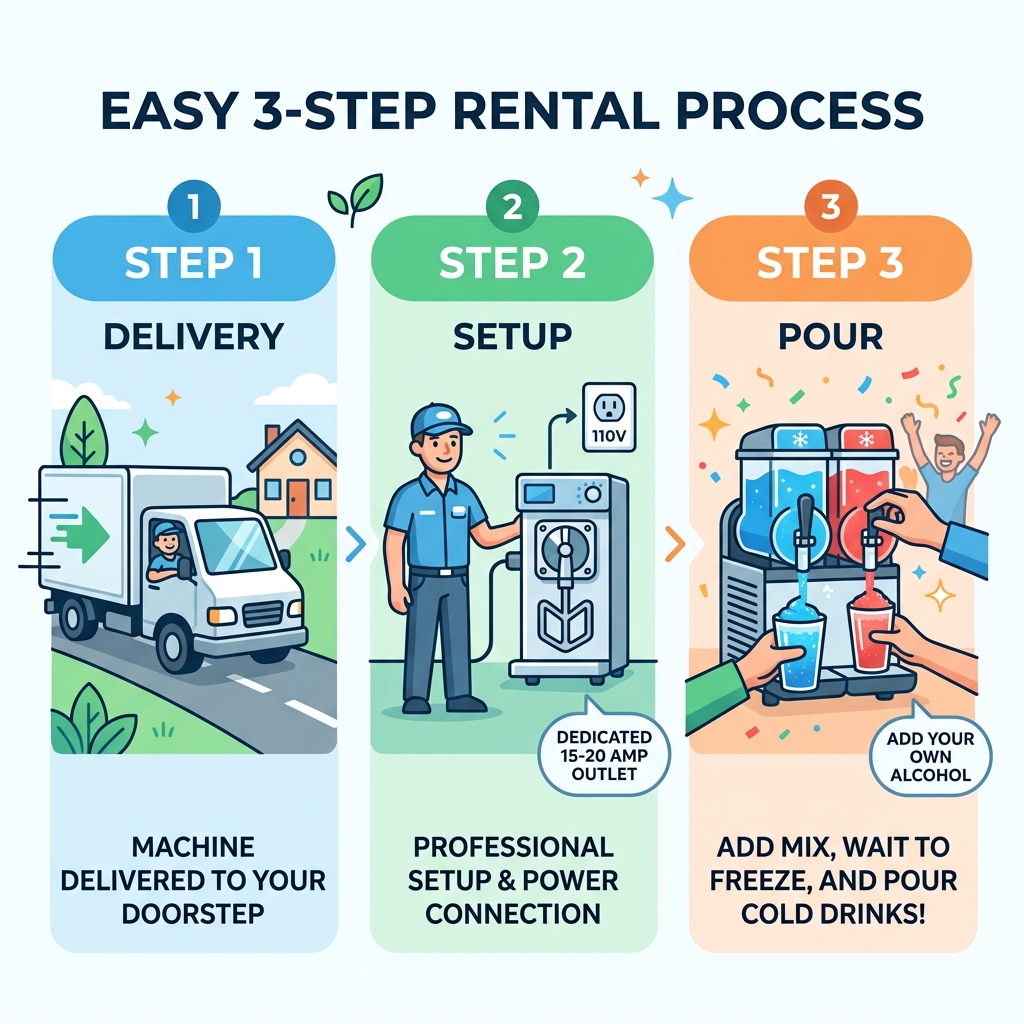 Frozen drink machine rental process: delivery, setup, pour — 3-step infographic - frozen drink machine rental infographic Frozen drink machine rental process: delivery, setup, pour — 3-step infographic - frozen drink machine rental infographic