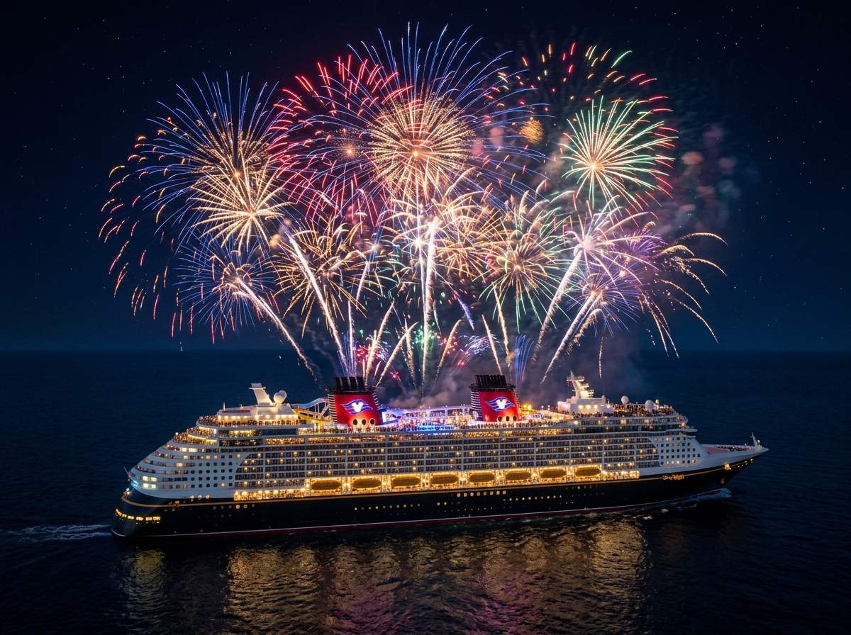Fireworks exploding over a Disney Cruise ship at sea - Disney Cruise pirate night events Fireworks exploding over a Disney Cruise ship at sea - Disney Cruise pirate night events