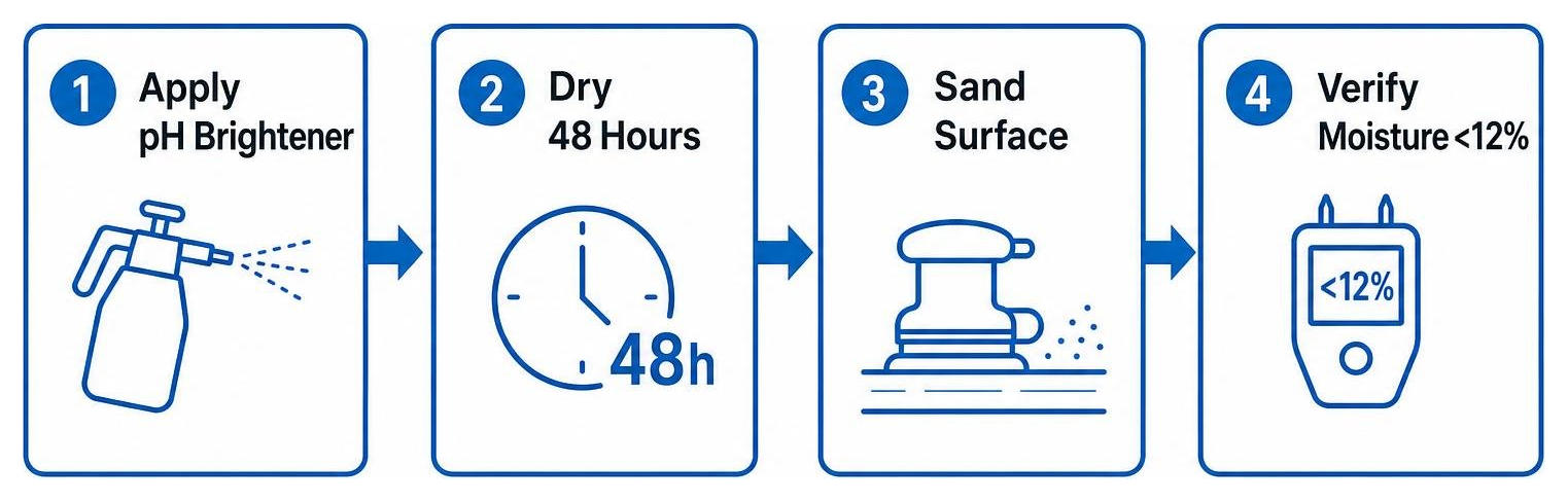 Diagram showing the post-wash prep process: 1. Apply pH Brightener, 2. Dry 48 Hours, 3. Sand Surface, 4. Verify Moisture <12% Diagram showing the post-wash prep process: 1. Apply pH Brightener, 2. Dry 48 Hours, 3. Sand Surface, 4. Verify Moisture <12%