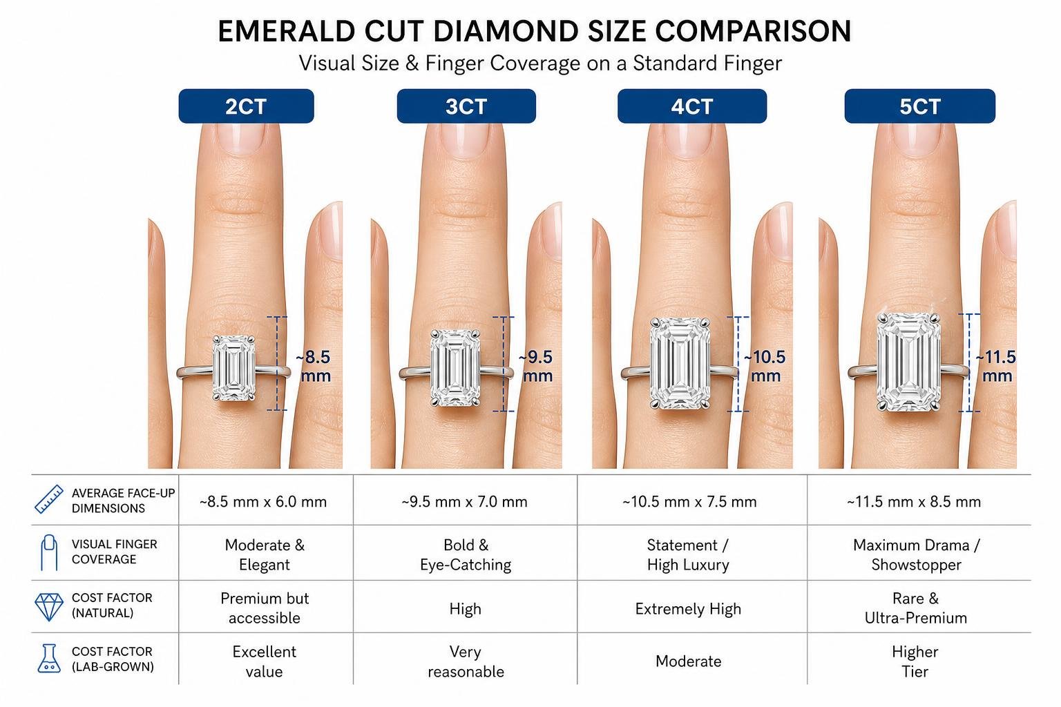 Diagram: Comparing the visual size and finger coverage of 2ct, 3ct, 4ct, and 5ct emerald cut diamonds on a standard finger Diagram: Comparing the visual size and finger coverage of 2ct, 3ct, 4ct, and 5ct emerald cut diamonds on a standard finger