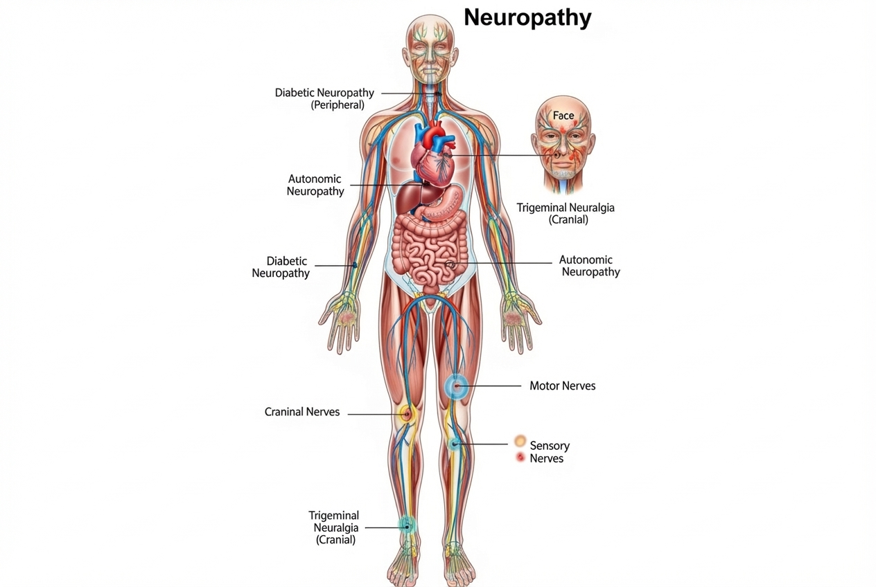 illustration of different types of neuropathy affecting various body parts - what is diabetic neuropathy