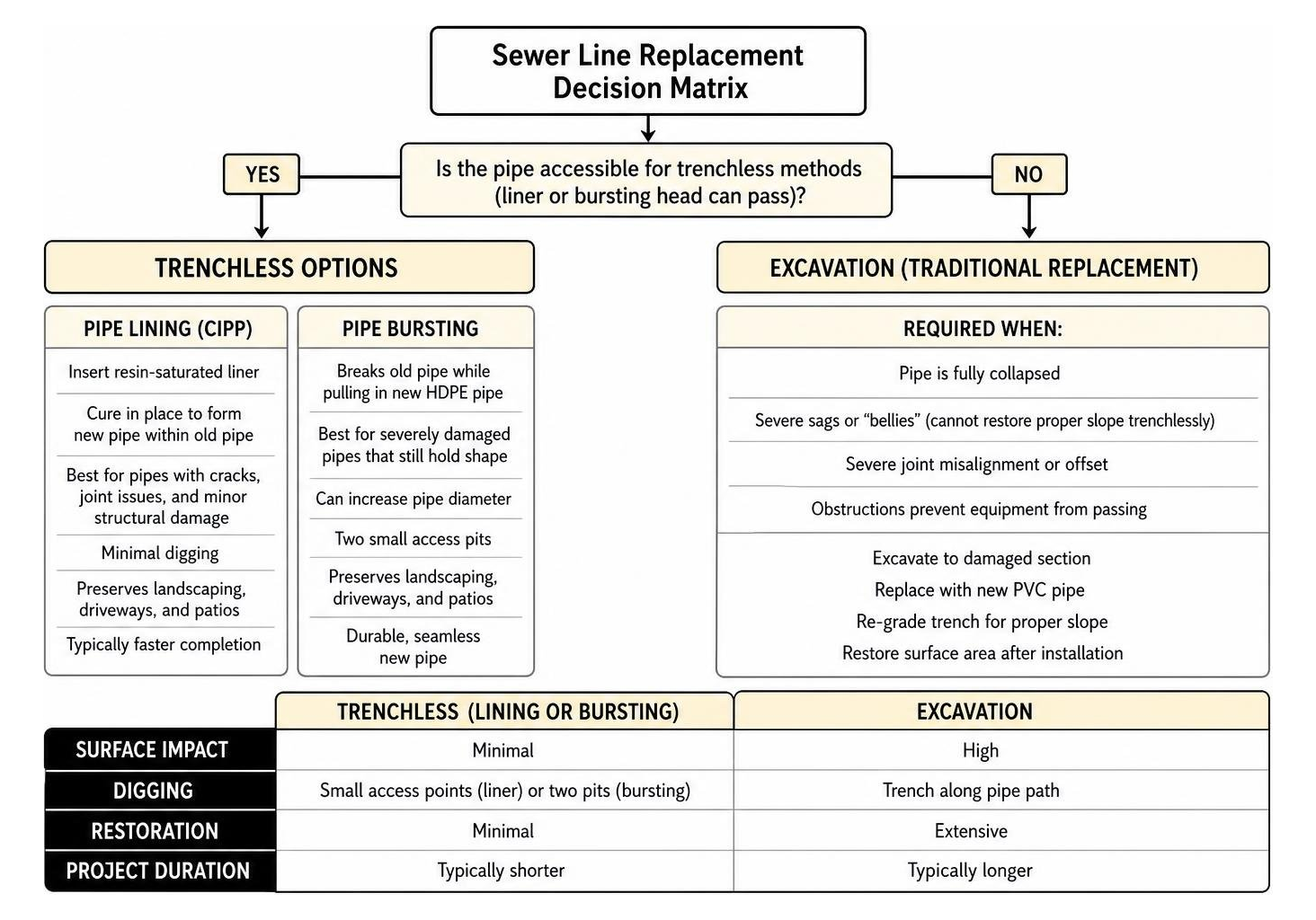 Sewer line replacement decision matrix: trenchless vs excavation Sewer line replacement decision matrix: trenchless vs excavation