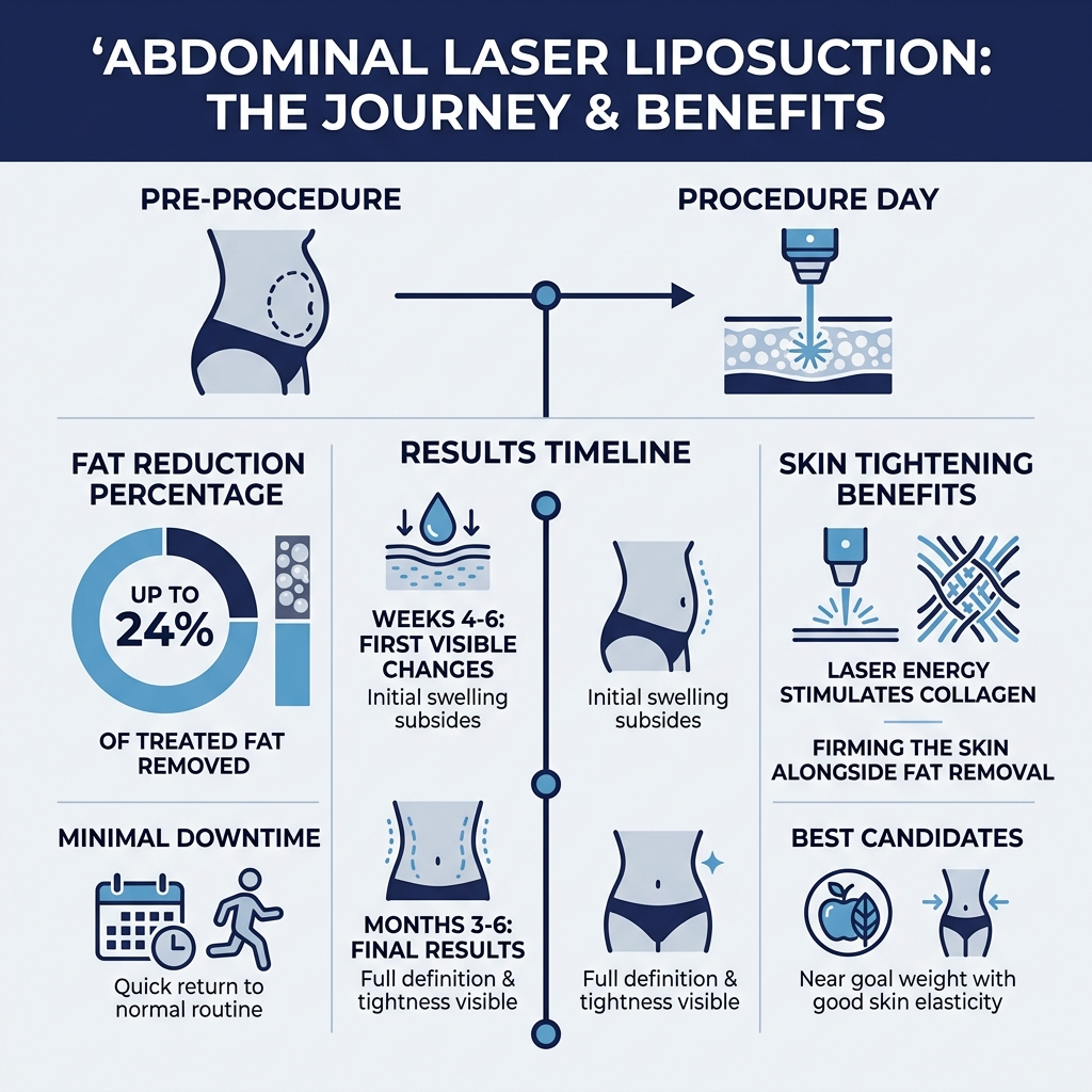 Infographic showing abdominal laser liposuction before and after timeline, fat reduction percentage, and skin tightening Infographic showing abdominal laser liposuction before and after timeline, fat reduction percentage, and skin tightening