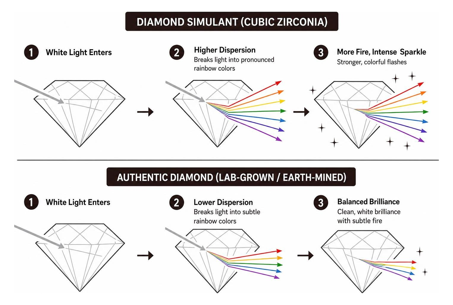 Comparison of light refraction through diamond simulant and authentic diamond