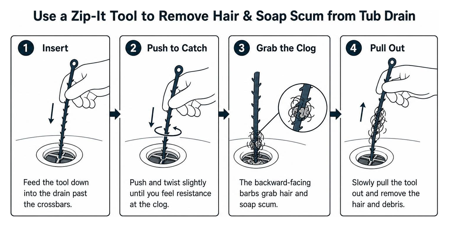 Using a plastic Zip-It tool to extract hair and soap scum from a bathtub drain
