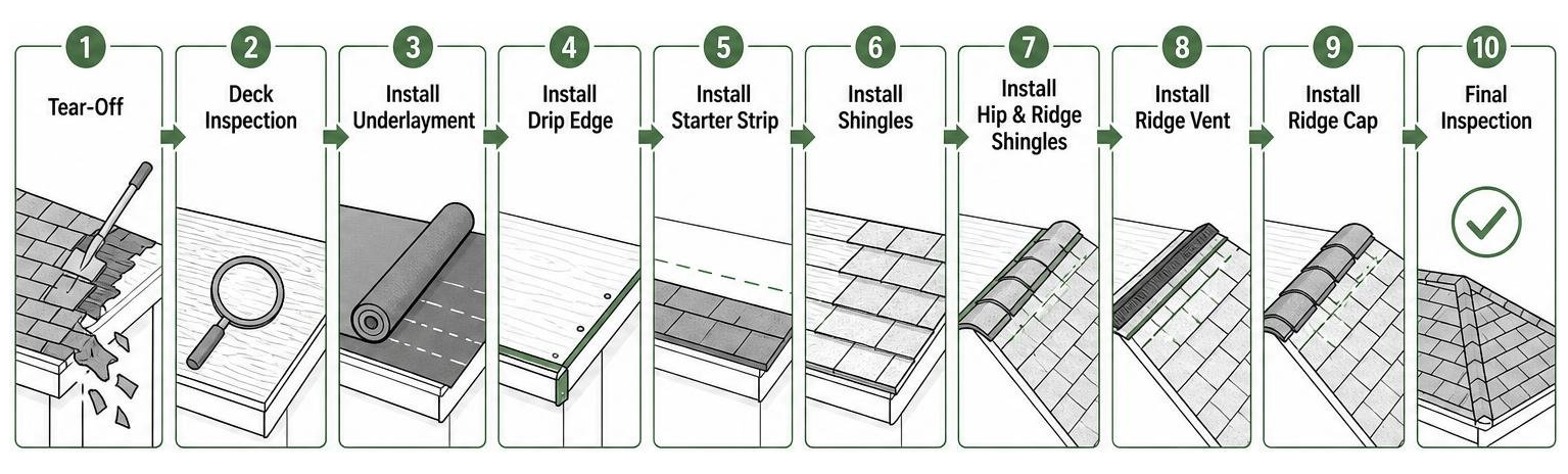 Diagram showing the step-by-step composite roofing installation process from tear-off to ridge cap Diagram showing the step-by-step composite roofing installation process from tear-off to ridge cap
