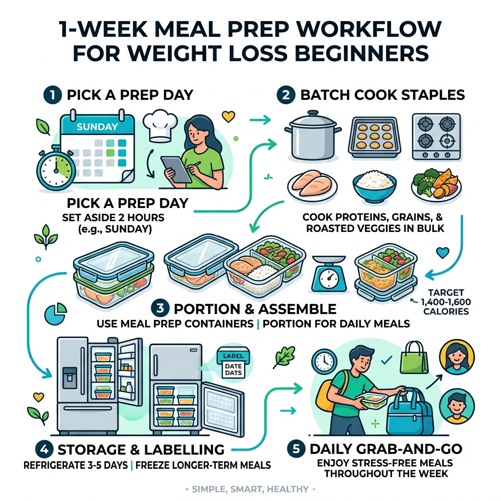 1-week meal prep workflow for weight loss beginners showing prep day, batch cooking, portioning, storage, and daily