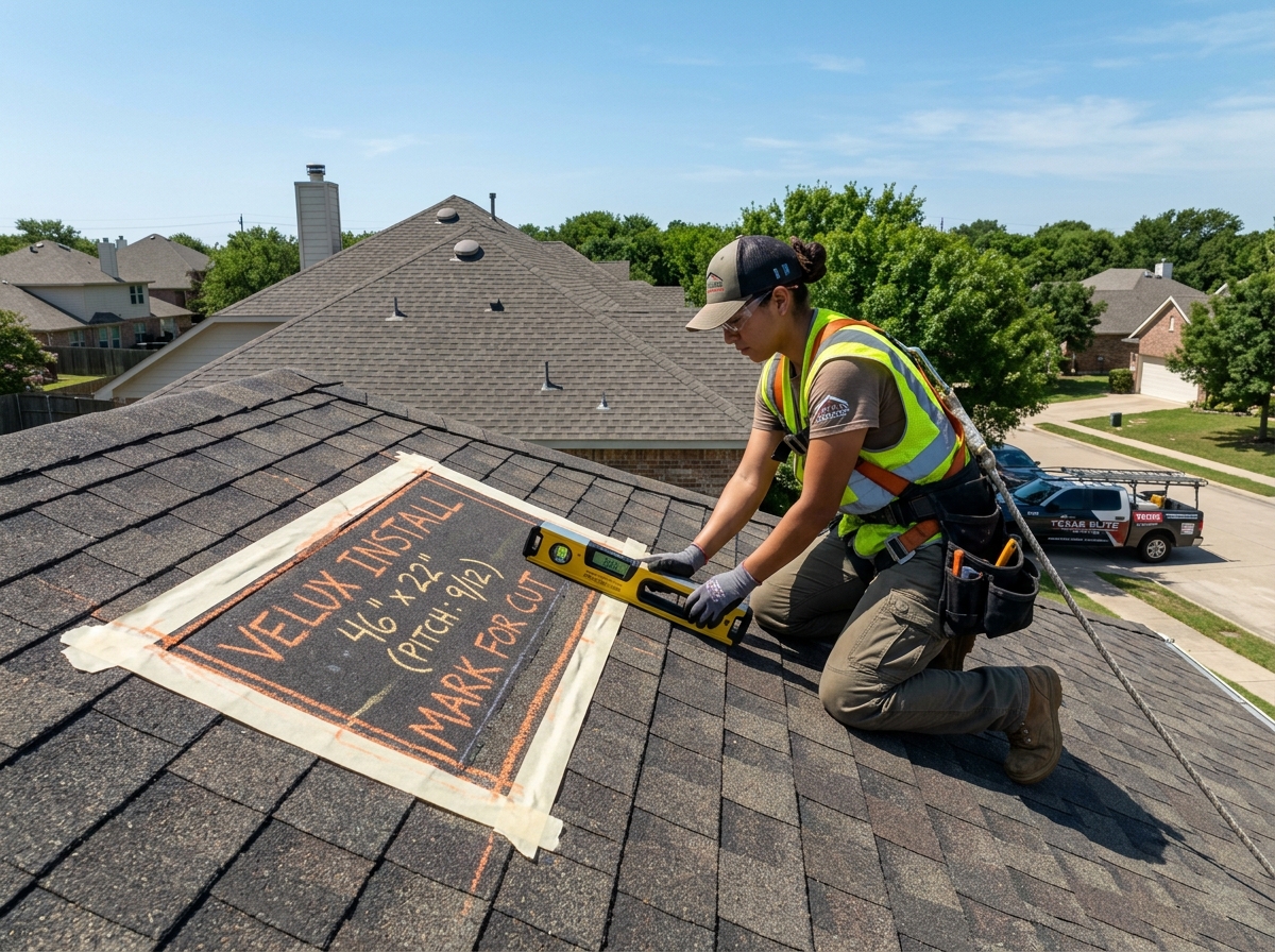 Professional roofer measuring a roof pitch for a Velux window installation - average cost to fit a velux window