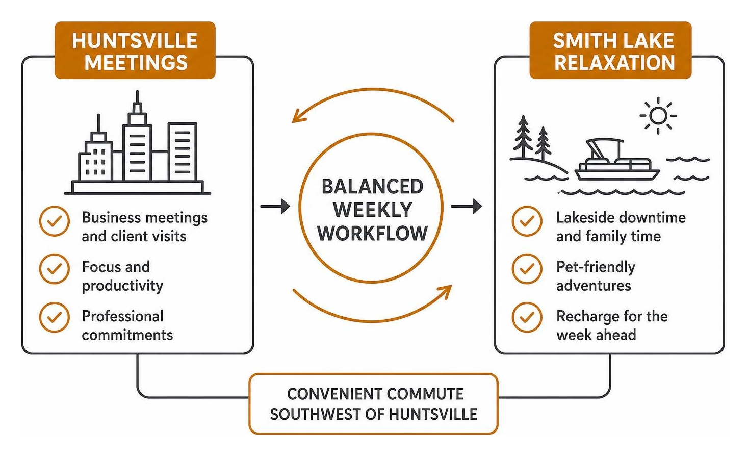 Diagram showing workflow balance between Huntsville meetings and Smith Lake relaxation