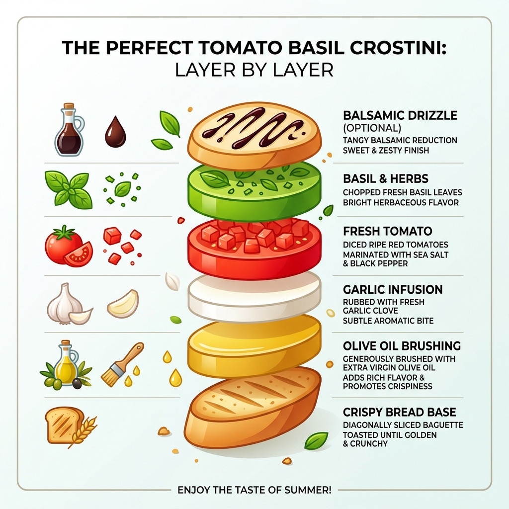 Infographic showing the perfect tomato basil crostini layers from bread to topping - tomato basil crostini infographic Infographic showing the perfect tomato basil crostini layers from bread to topping - tomato basil crostini infographic