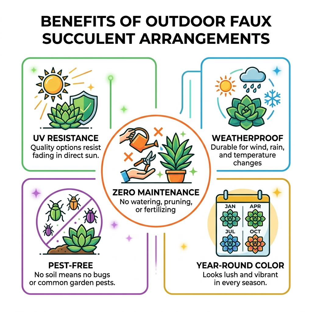 Benefits of outdoor faux succulent arrangements infographic: UV resistance, zero maintenance, weatherproof, pest-free Benefits of outdoor faux succulent arrangements infographic: UV resistance, zero maintenance, weatherproof, pest-free