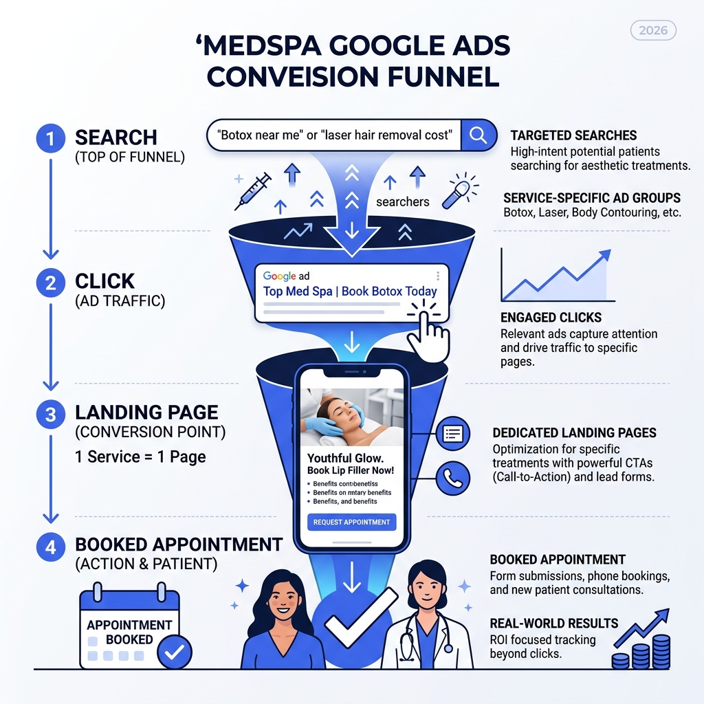 Medspa Google Ads conversion funnel from search to booked appointment - medspa google ads management infographic 