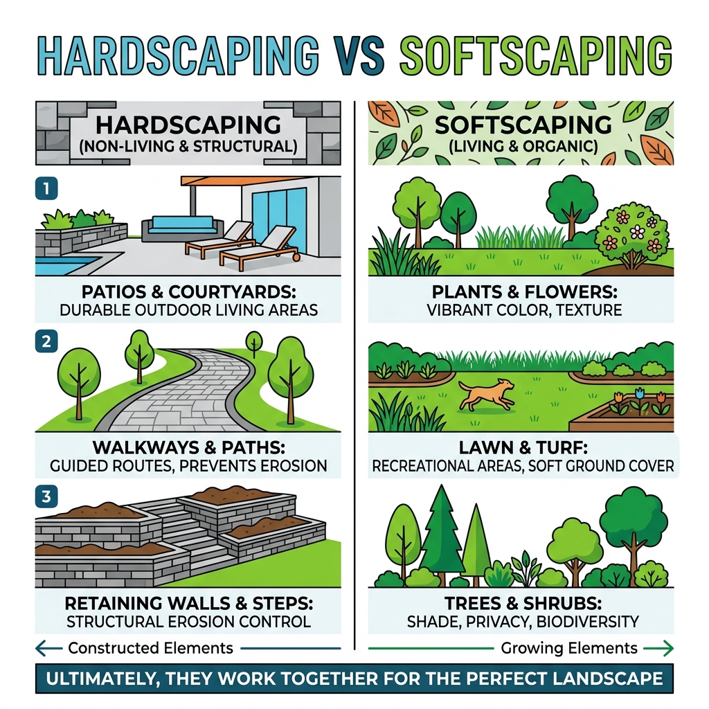 Infographic showing the difference between hardscaping (patios, walls, walkways) and softscaping (plants, lawn, trees) Infographic showing the difference between hardscaping (patios, walls, walkways) and softscaping (plants, lawn, trees)
