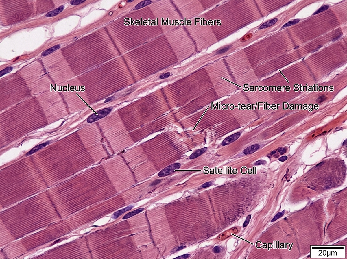 microscopic view of muscle fibers showing micro-tears after exercise - muscle recovery for cyclists