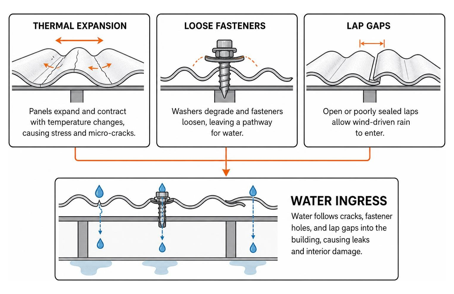Diagram showing how thermal expansion, loose fasteners, and lap gaps lead to water ingress Diagram showing how thermal expansion, loose fasteners, and lap gaps lead to water ingress