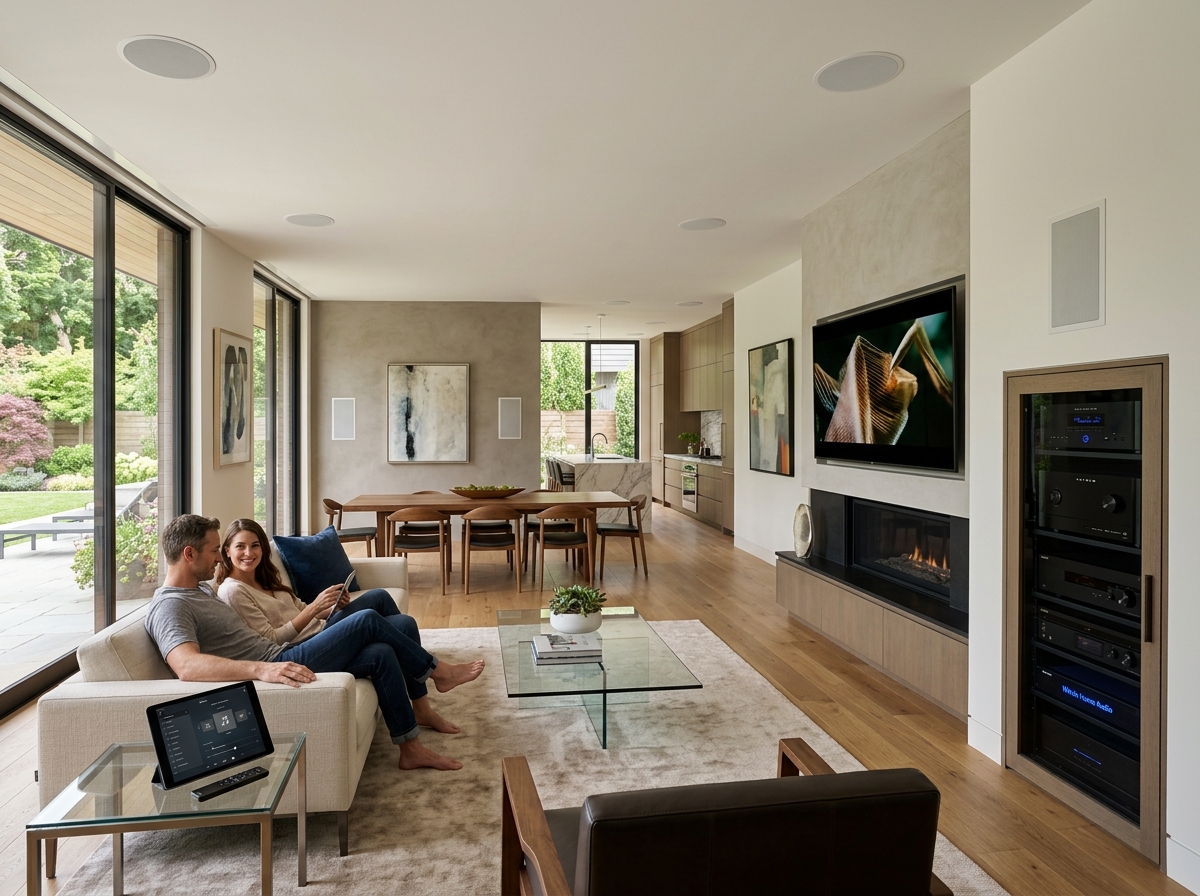 A whole-home audio system with sleek architectural speakers - residential audio visual companies near me