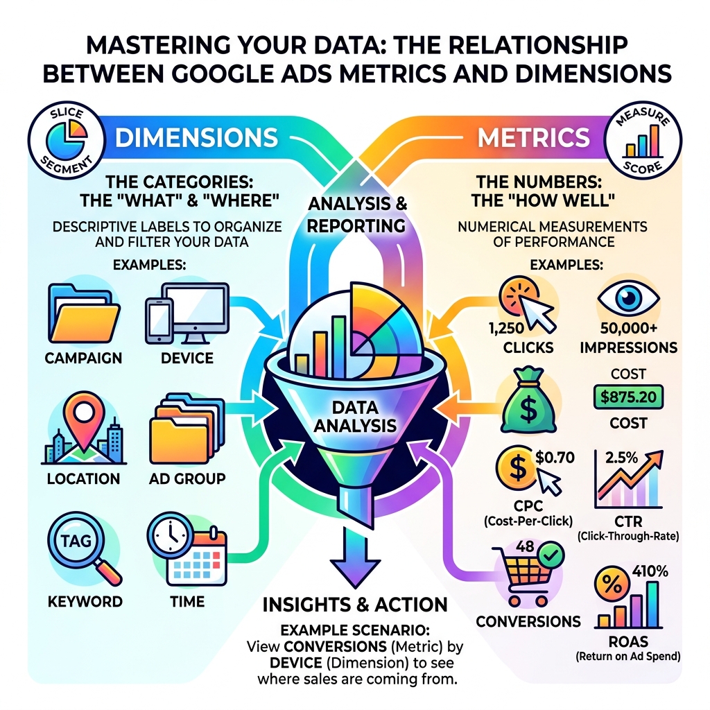 Infographic showing relationship between Google Ads metrics and dimensions with examples - google ads metrics and dimensions Infographic showing relationship between Google Ads metrics and dimensions with examples - google ads metrics and dimensions