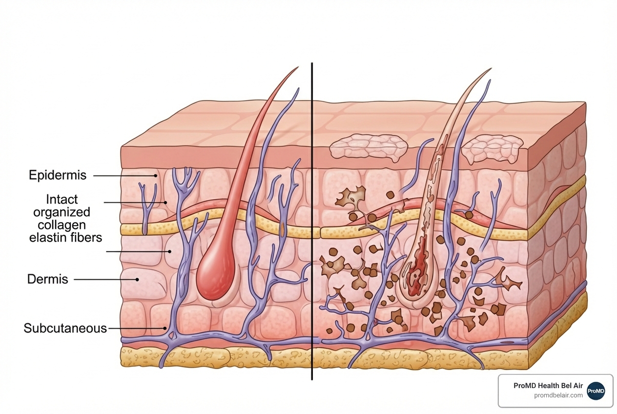 a diagram showing skin layers with healthy vs. degraded collagen and elastin fibers - reduce facial wrinkles a diagram showing skin layers with healthy vs. degraded collagen and elastin fibers - reduce facial wrinkles