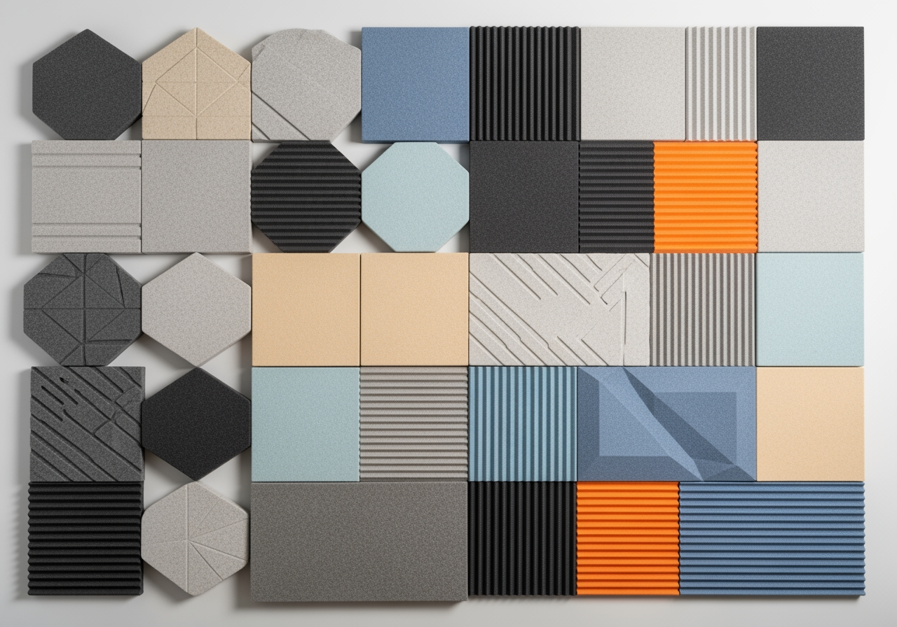 A selection of various acoustic panel designs, including hexagonal, square, and rectangular shapes, in different colours and textures - acoustic isolation panels