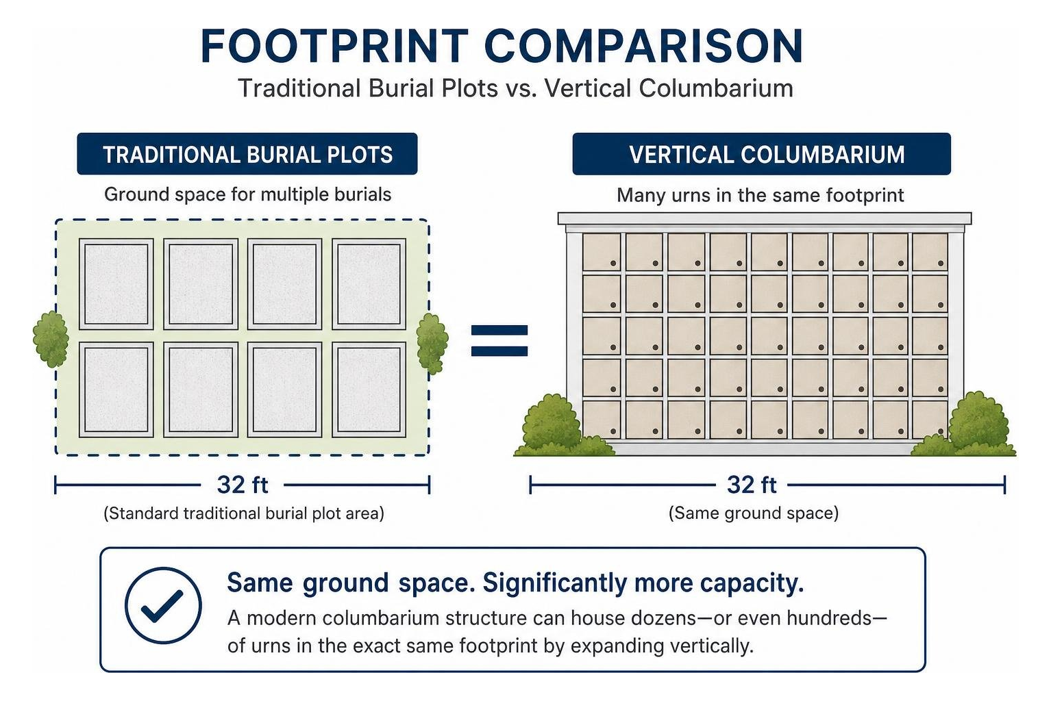Diagram showing footprint comparison between traditional burial plots and a vertical columbarium Diagram showing footprint comparison between traditional burial plots and a vertical columbarium