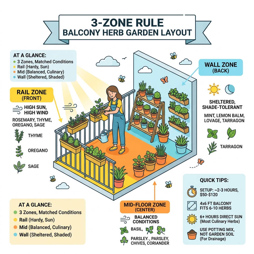 3-Zone rule balcony herb garden layout infographic with rail, mid-floor, and wall zones - balcony herb garden layout