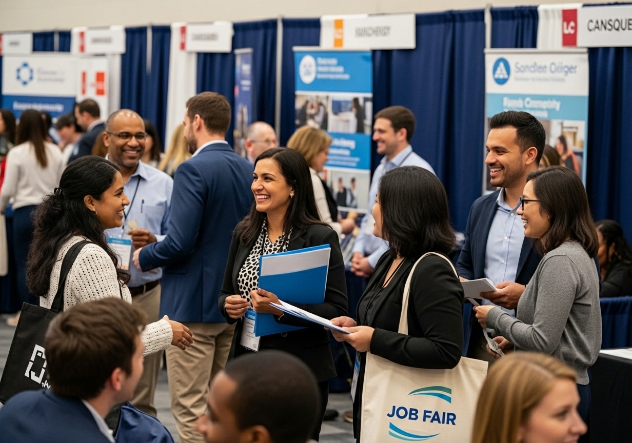 People networking at a community job fair, exchanging information and smiling - career development network People networking at a community job fair, exchanging information and smiling - career development network