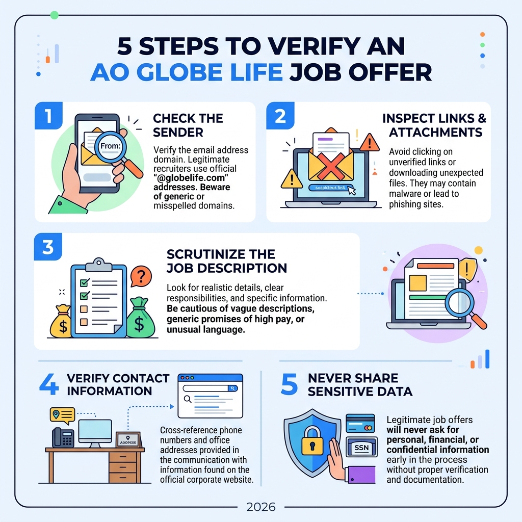 5 steps to verify an AO Globe Life job offer is legitimate or a scam - ao globe life scam infographic 5 steps to verify an AO Globe Life job offer is legitimate or a scam - ao globe life scam infographic