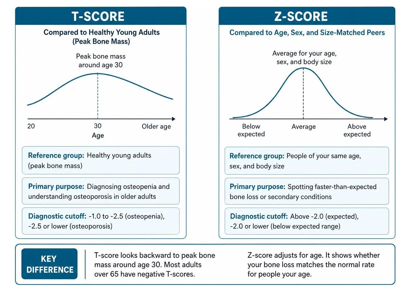 comparison of T-score and Z-score reference populations