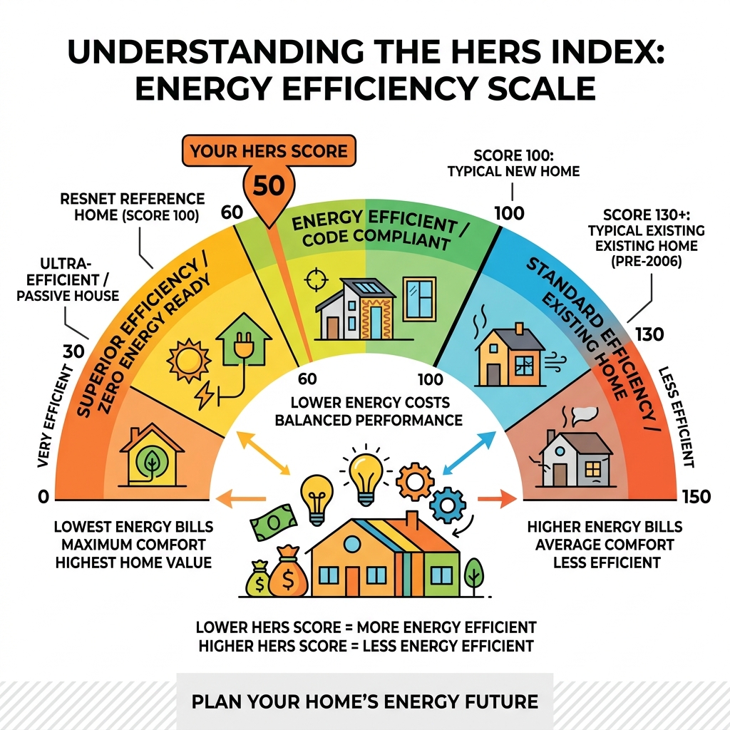HERS score scale from 0 to 150 showing energy efficiency benchmarks and rating categories - hers testing cost infographic HERS score scale from 0 to 150 showing energy efficiency benchmarks and rating categories - hers testing cost infographic