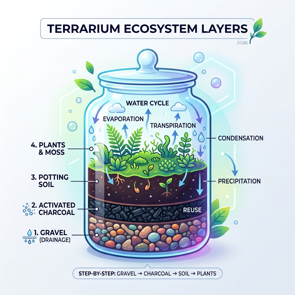 Step-by-step infographic showing terrarium layers: gravel, charcoal, soil, plants, and water cycle - make your own terrarium