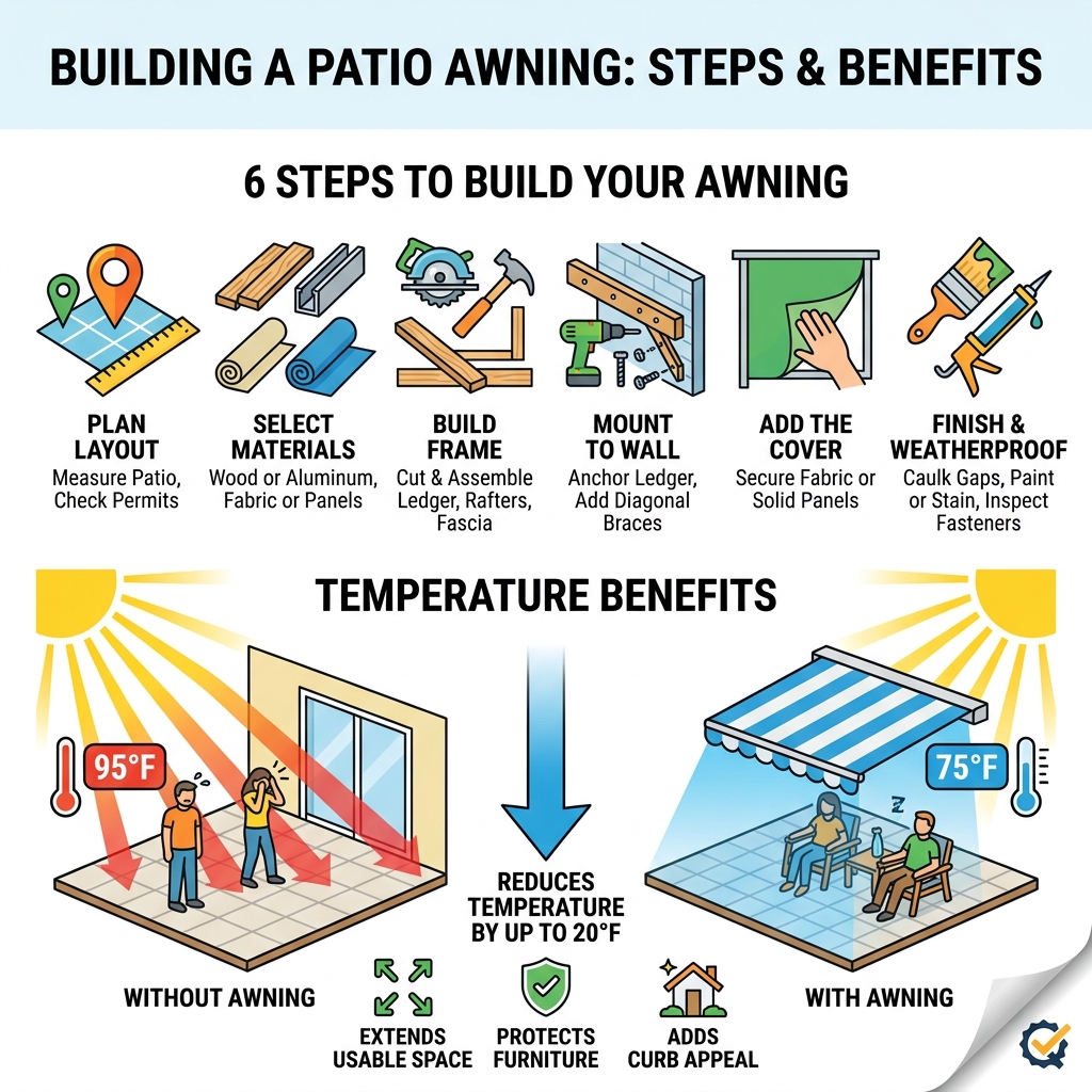 Infographic showing steps and temperature benefits of building a patio awning cover - building an awning over a patio Infographic showing steps and temperature benefits of building a patio awning cover - building an awning over a patio