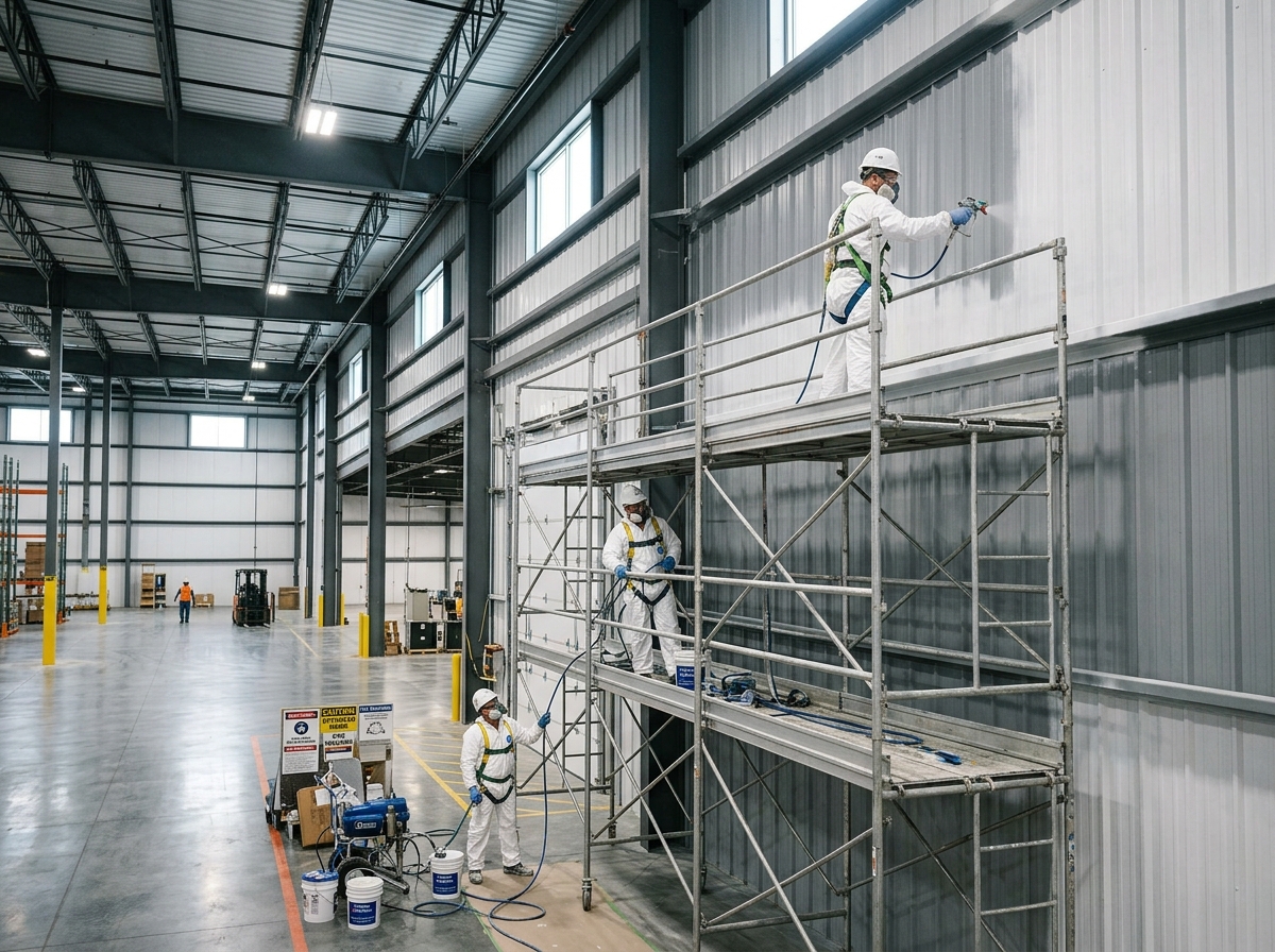 painters using professional equipment in a large warehouse - painting contractors commercial