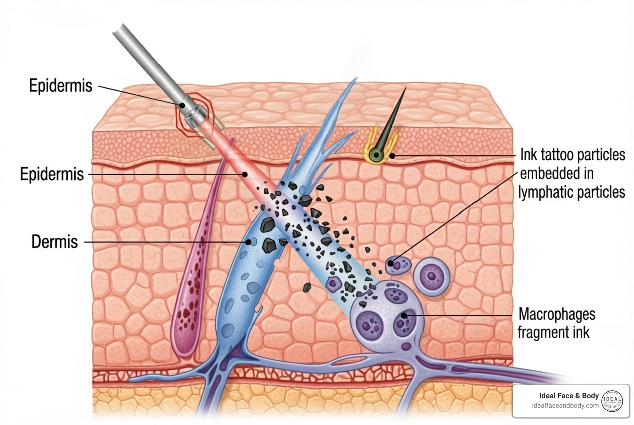 A diagram illustrating laser tattoo removal, showing laser light penetrating the epidermis, shattering ink particles in the dermis, and macrophages clearing the fragments - what is the best tattoo removal laser A diagram illustrating laser tattoo removal, showing laser light penetrating the epidermis, shattering ink particles in the dermis, and macrophages clearing the fragments - what is the best tattoo removal laser