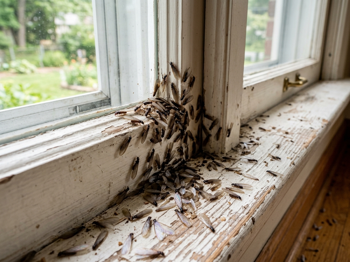 Termite swarmers near a window sill - termite control Bedford MA