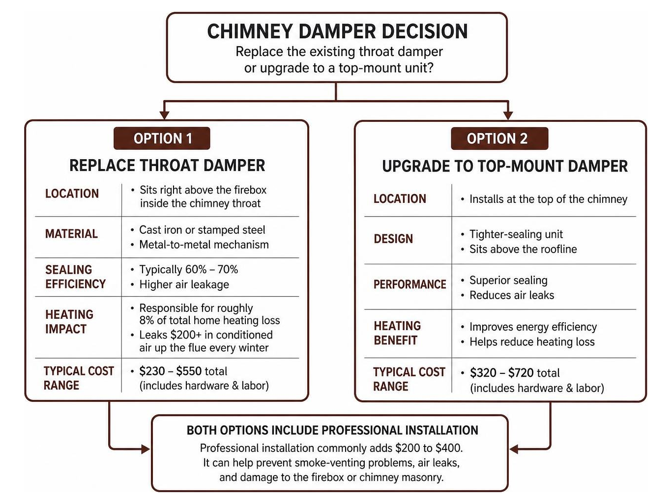 Decision diagram comparing throat damper replacement versus upgrading to a top-mount unit