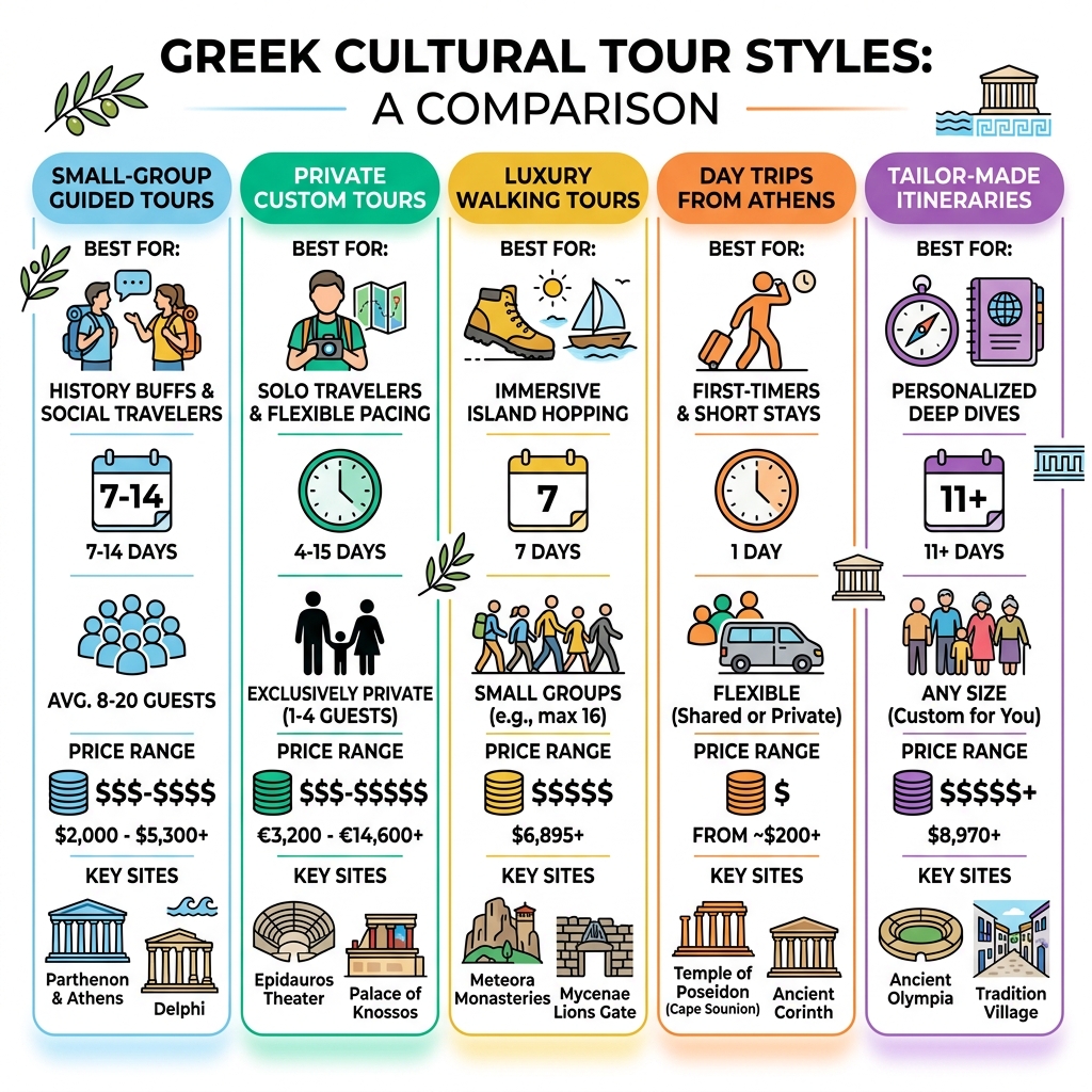 Infographic comparing Greek cultural tour styles, key sites, group sizes, and price ranges - authentic cultural tours greece