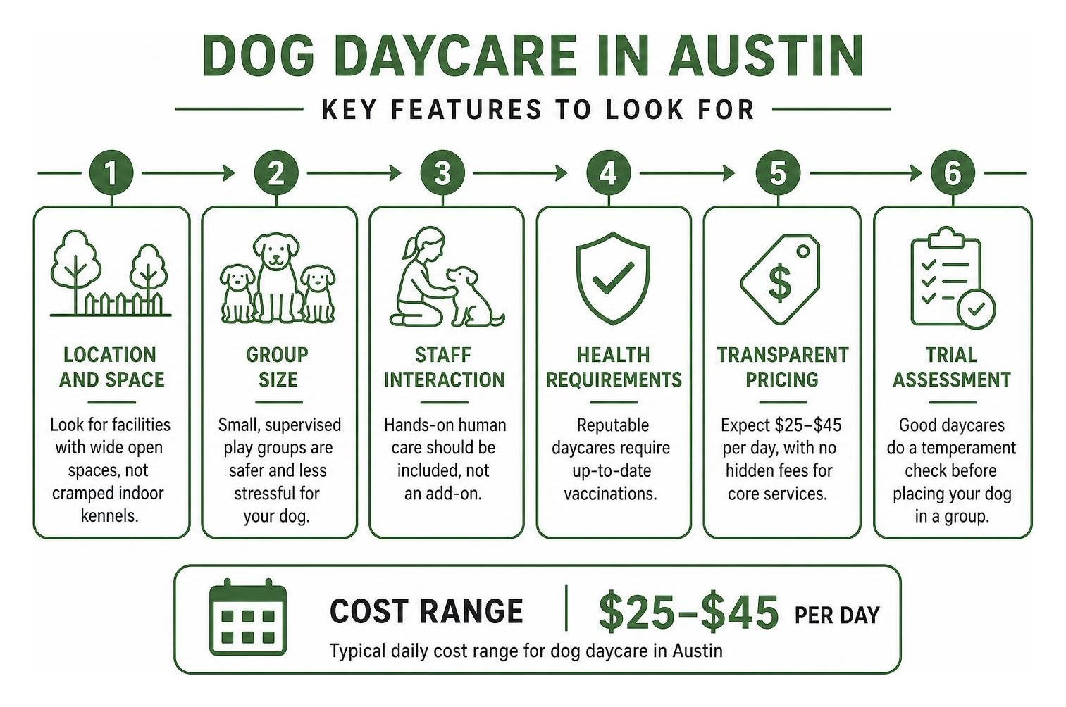 benefits of dog daycare in Austin infographic showing key features and cost range benefits of dog daycare in Austin infographic showing key features and cost range