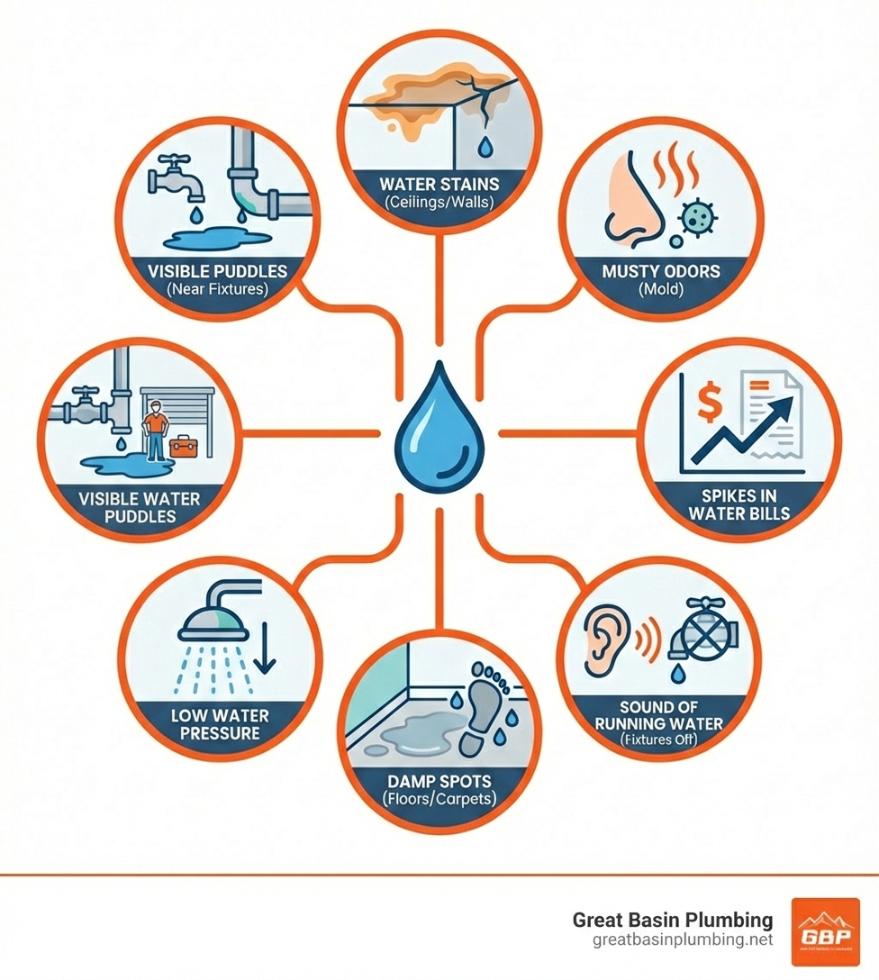 Infographic showing common signs of a water leak: ceiling or wall water stains, musty odors indicating mold, unexplained spikes in water bills, sound of running water when fixtures are off, damp spots on floors or carpets, low water pressure, and visible puddles near plumbing fixtures or appliances - leak detection contractors infographic 