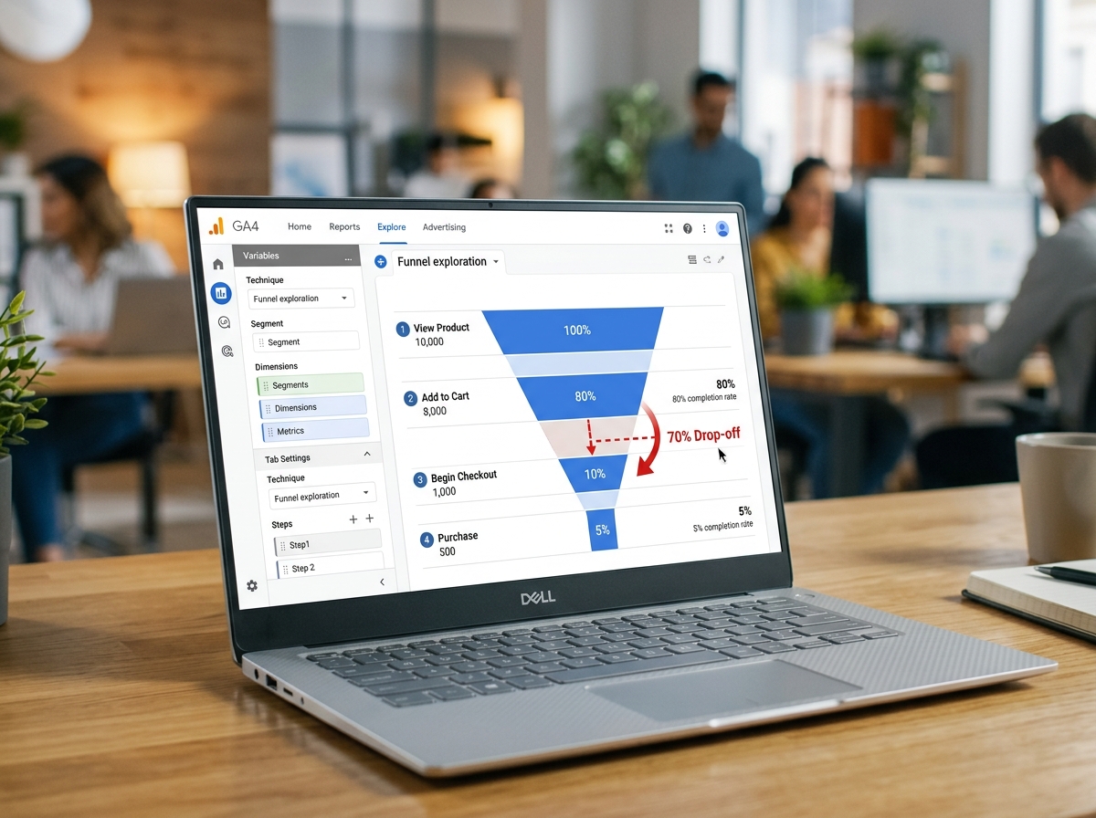 GA4 Funnel Exploration report showing a 70% drop-off between 'Add to Cart' and 'Begin Checkout' - conversion rate GA4 Funnel Exploration report showing a 70% drop-off between 'Add to Cart' and 'Begin Checkout' - conversion rate
