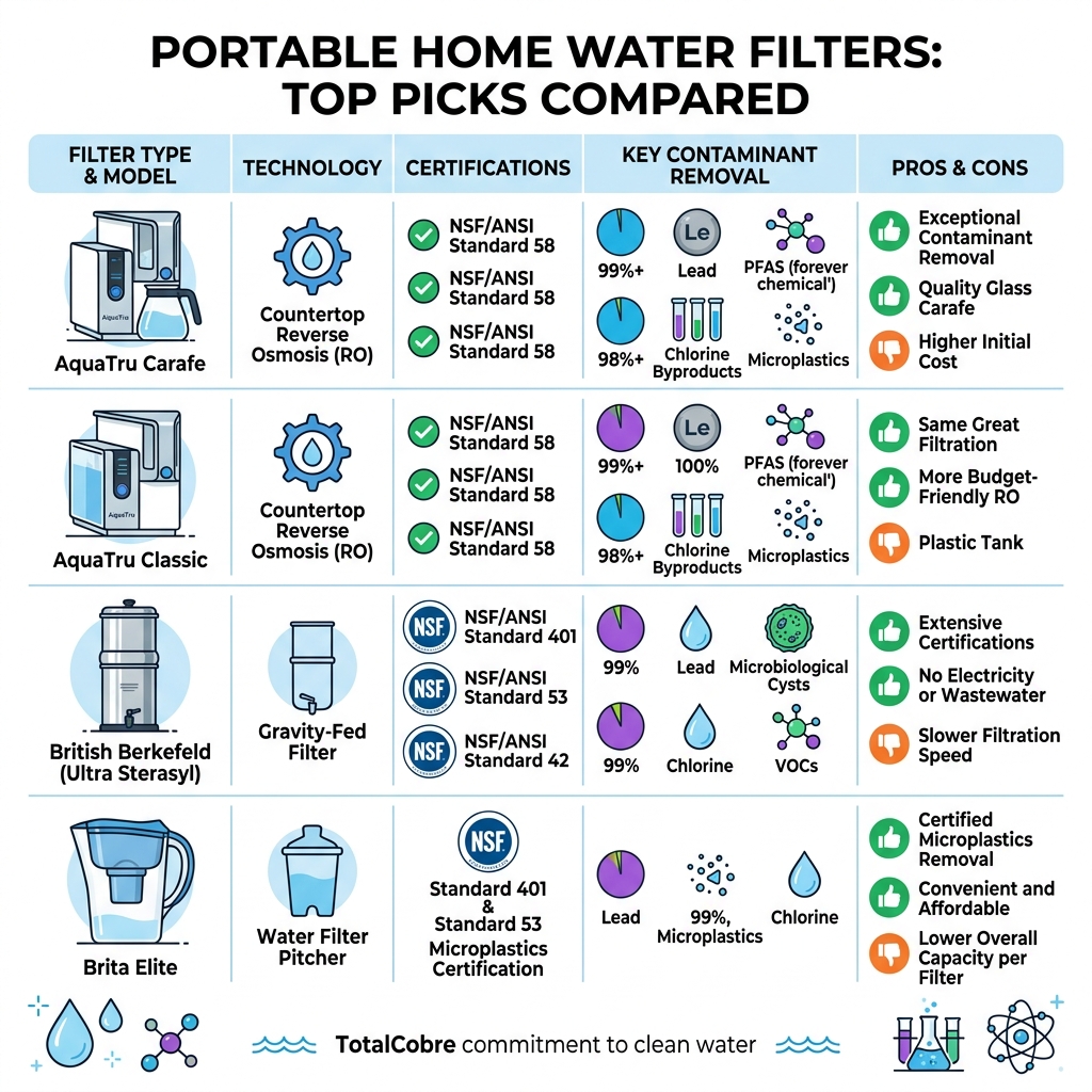 Infographic comparing top portable home water filters by type, certification, and contaminant removal - best portable water Infographic comparing top portable home water filters by type, certification, and contaminant removal - best portable water