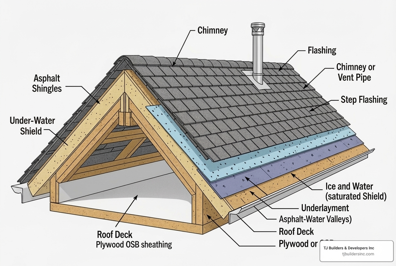 cross-section of a residential roofing system - roof installation and replacement