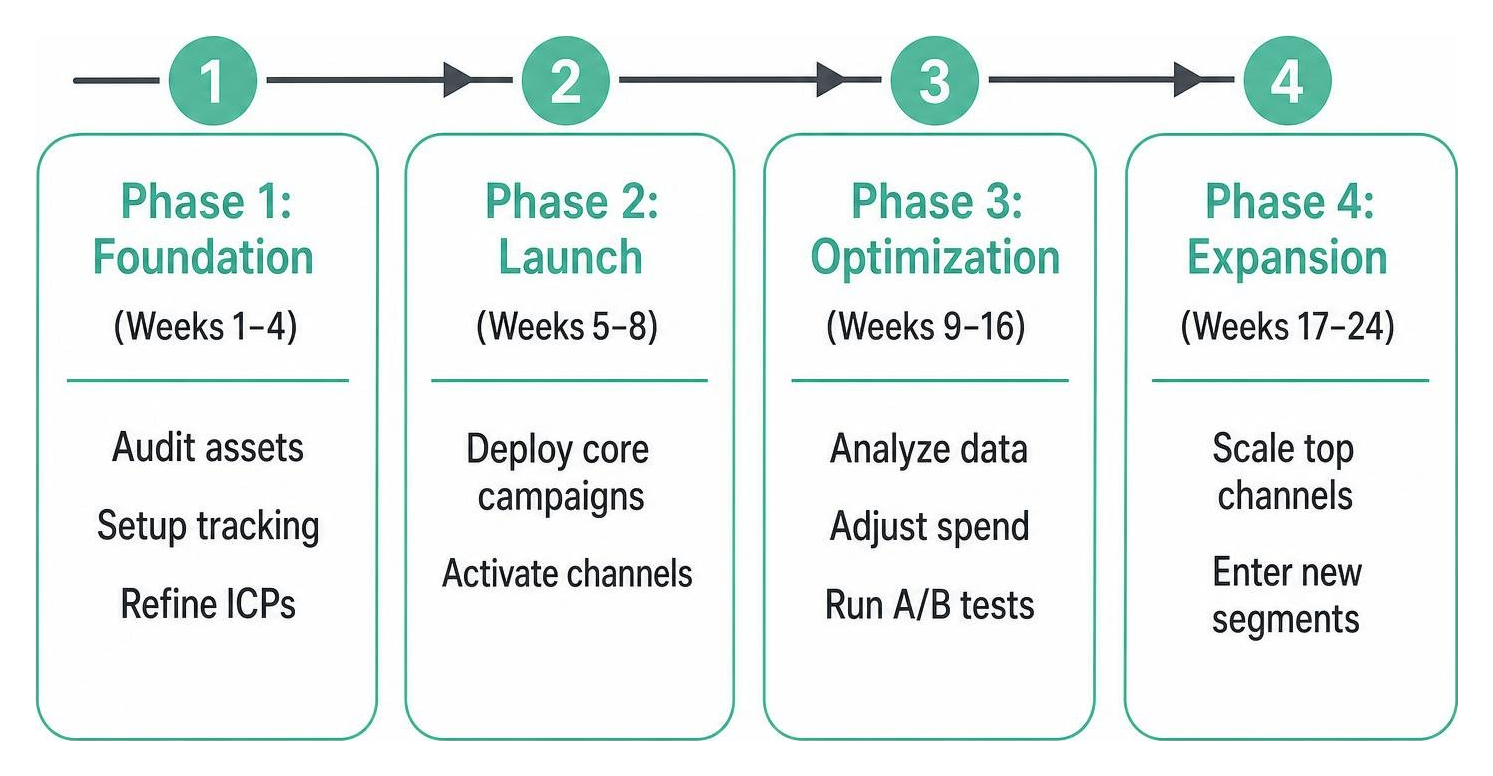 horizontal timeline diagram representing the four phases of strategic marketing rollout from foundation to expansion horizontal timeline diagram representing the four phases of strategic marketing rollout from foundation to expansion