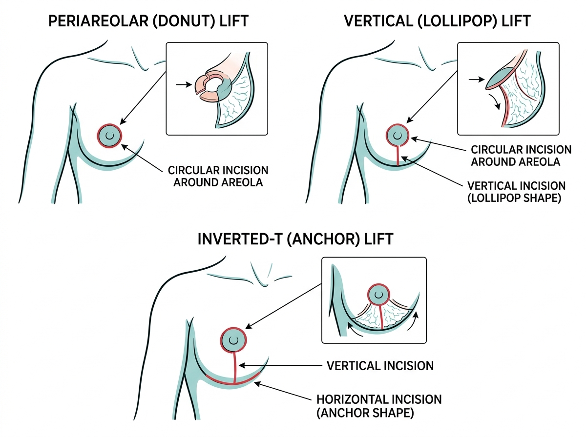 Illustration of periareolar, lollipop, and anchor incision types for breast lift - breast lift livingston nj