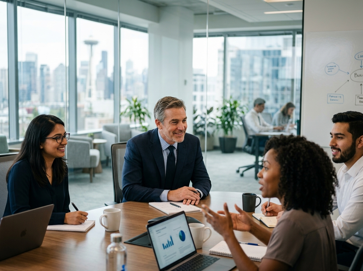 a calm leader talking to their team and listening to them - emotional intelligence coaching