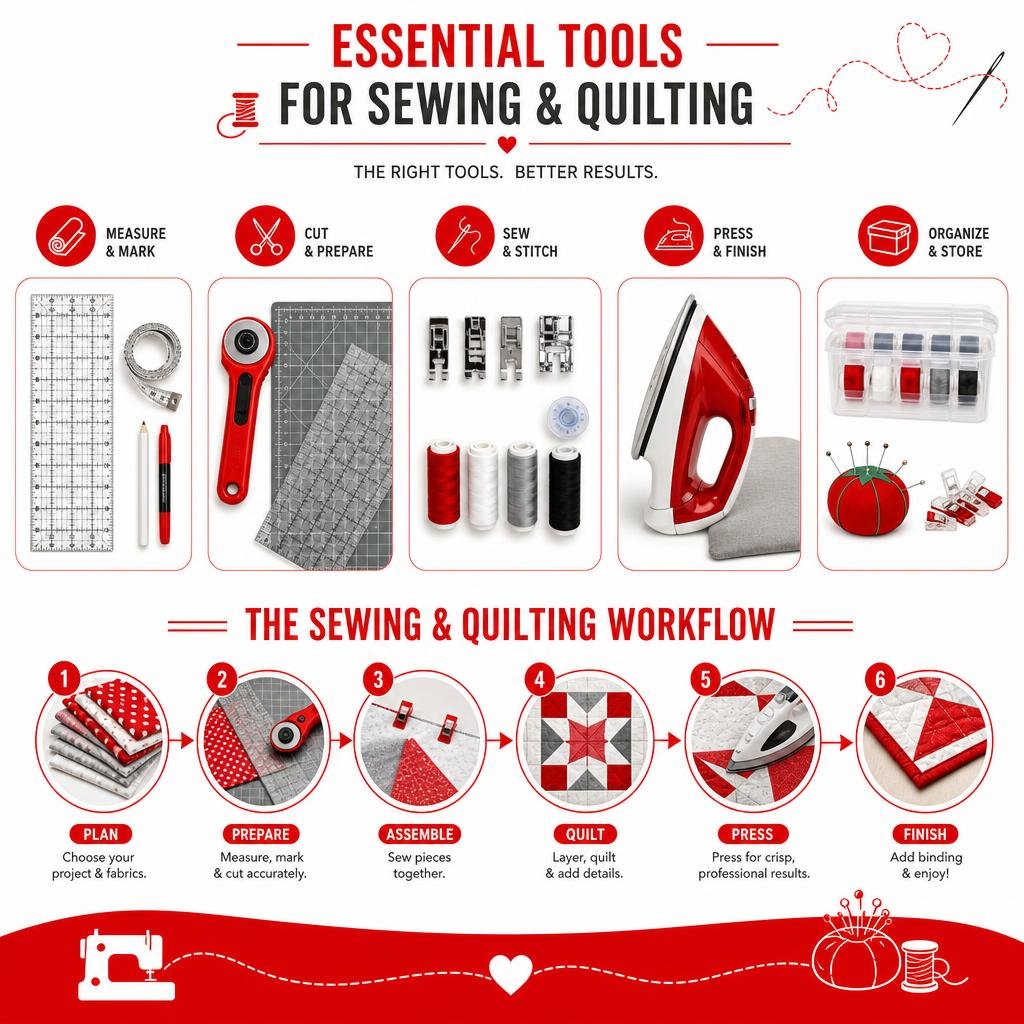 infographic explaining essential tools and workflow stages for sewing and quilting infographic