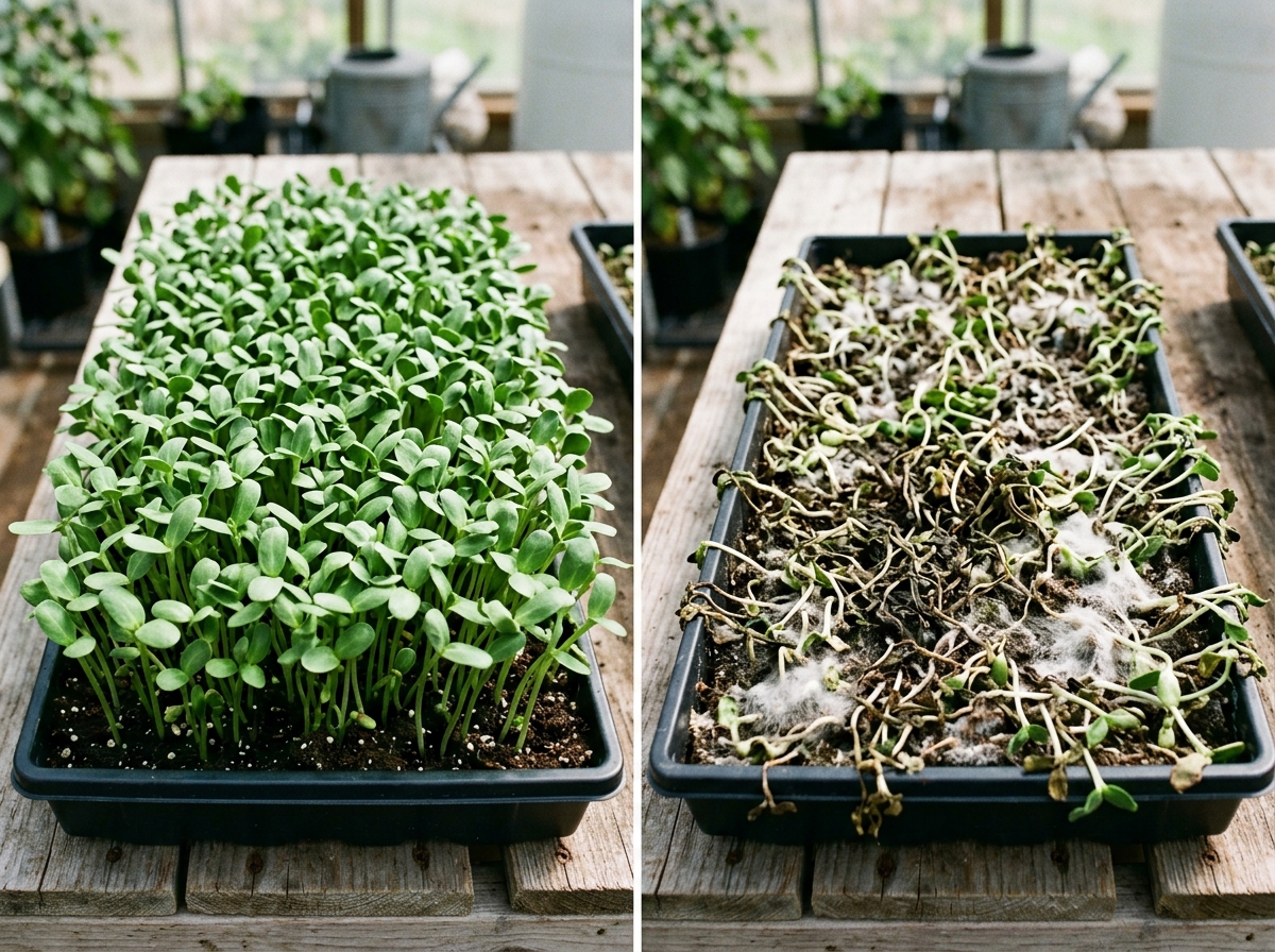 Image of healthy microgreens vs. a tray suffering from damping off and mold - fan circulation microgreens health Image of healthy microgreens vs. a tray suffering from damping off and mold - fan circulation microgreens health