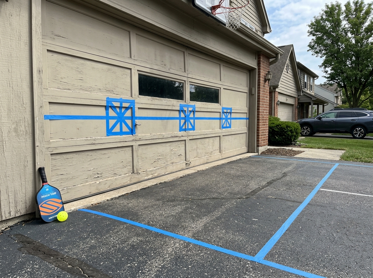 Setup of a pickleball wall drill with tape markings at 35 inches - pickleball wall drill Setup of a pickleball wall drill with tape markings at 35 inches - pickleball wall drill