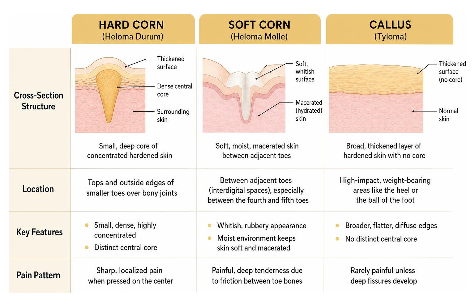 Diagram showing structural differences between hard corns, soft corns, and calluses Diagram showing structural differences between hard corns, soft corns, and calluses